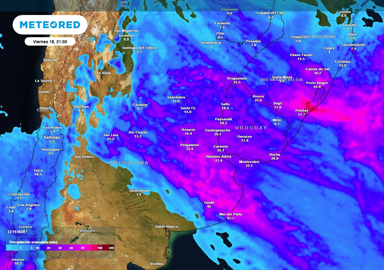Precipitación acumulada hasta la noche del viernes 18 prevista por Meteored: algunos lugares en la provincia de Buenos Aires acumularán hasta 60 mm entre el miércoles y la madrugada del jueves