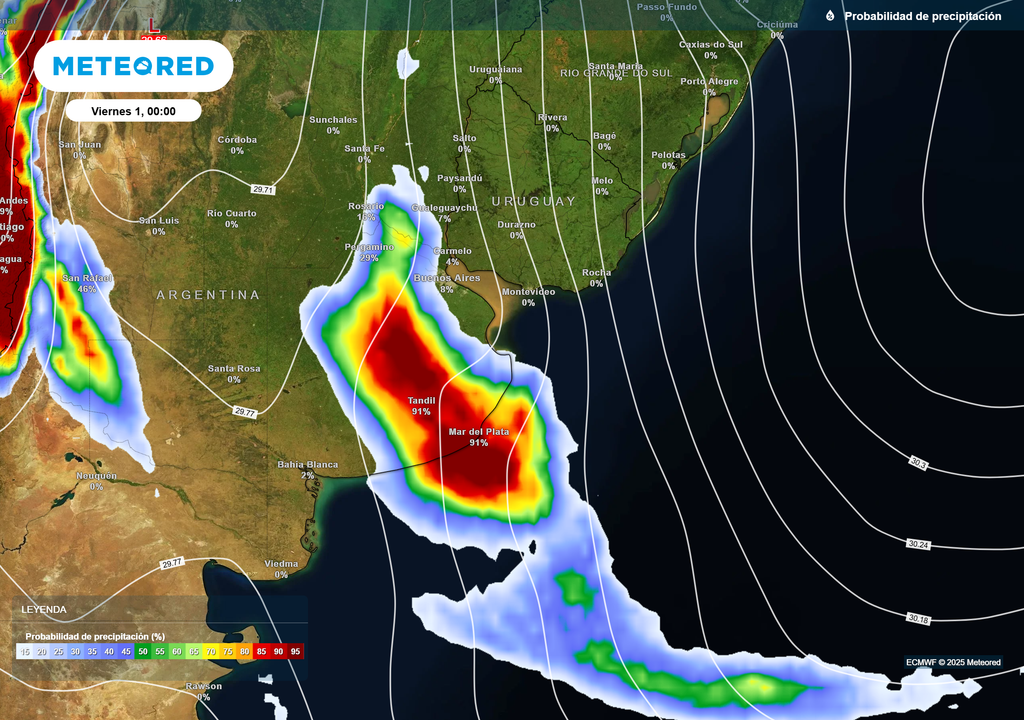 Probabilidad de precipitación en la provincia de Buenos Aires el viernes 1 de Agosto de 2025 a las 00 h Probabilidad de precipitación en la provincia de Buenos Aires el viernes 1 de Agosto de 2025 a las 00 h