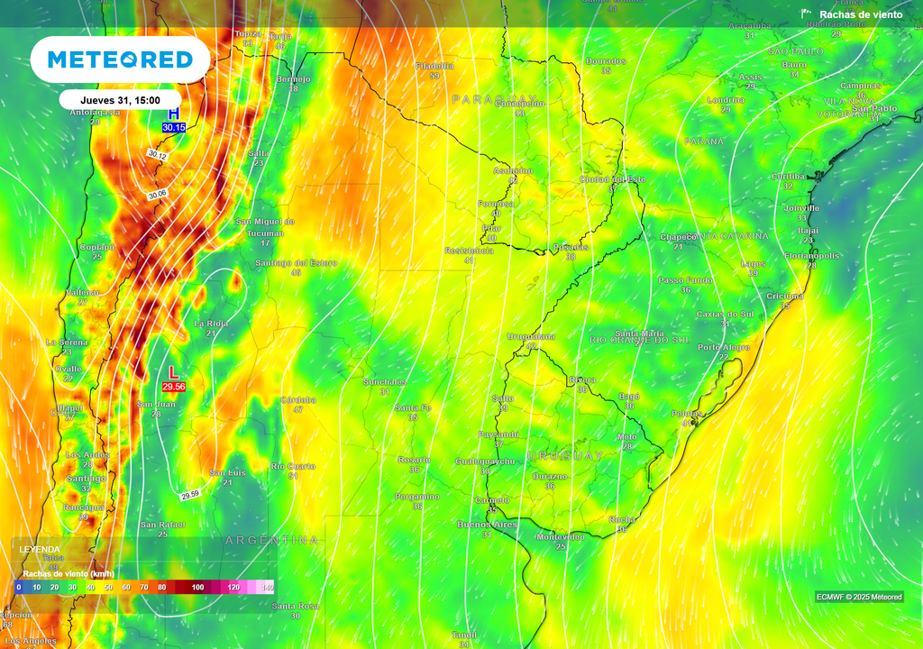 Ráfagas de viento para el jueves 31/7/2025 a las 15 h, según el modelo ECMWF Ráfagas de viento para el jueves 31/7/2025 a las 15 h, según el modelo ECMWF