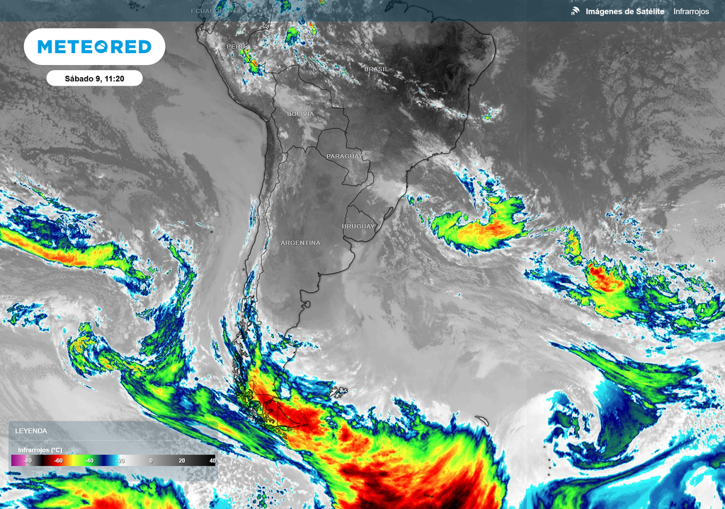 Imagen del canal infrarrojo del satélite GOES 19 del sábado 9 de Agosto de 2025 a las 11:20 hs