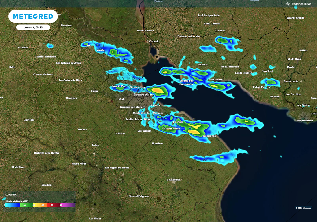 Imagen de radar de la mañana de este lunes 3, visualizándose algunos chaparrones y tormentas aisladas.