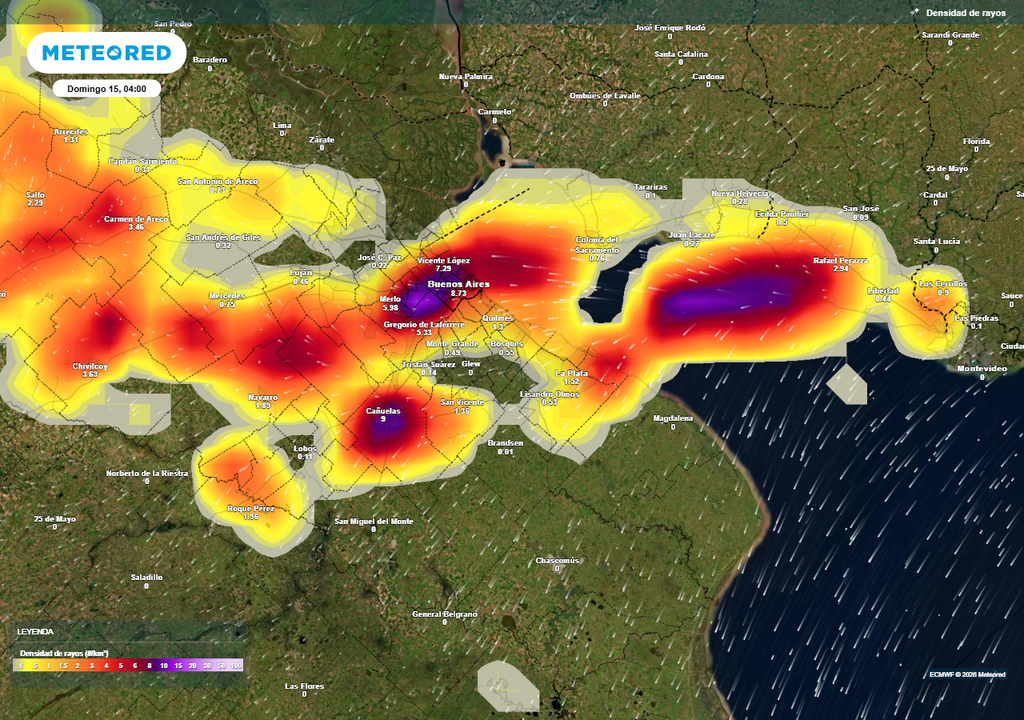 Pronóstico de tormentas eléctricas el domingo 15 desde temprano sobre Buenos Aires, según el modelo europeo.