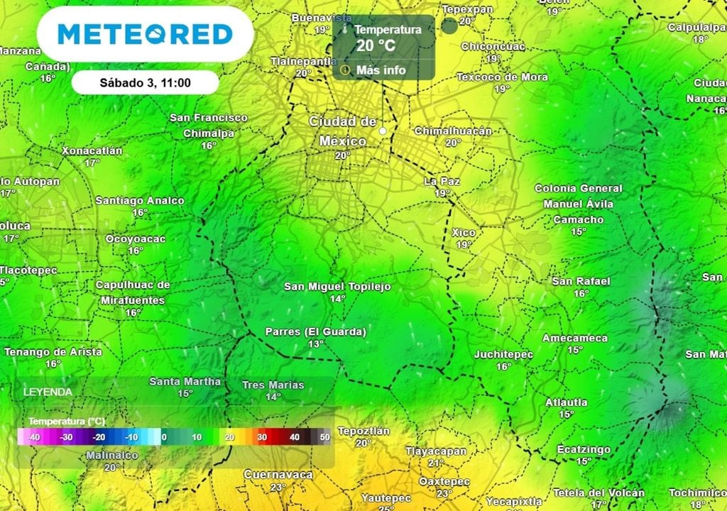 Durante el final d ela semana la temepratura máxima en la ciudad osiclará entre 20 y 22 °C en el centro, siendo inferior a 17 °C hacia el sur y poniente.