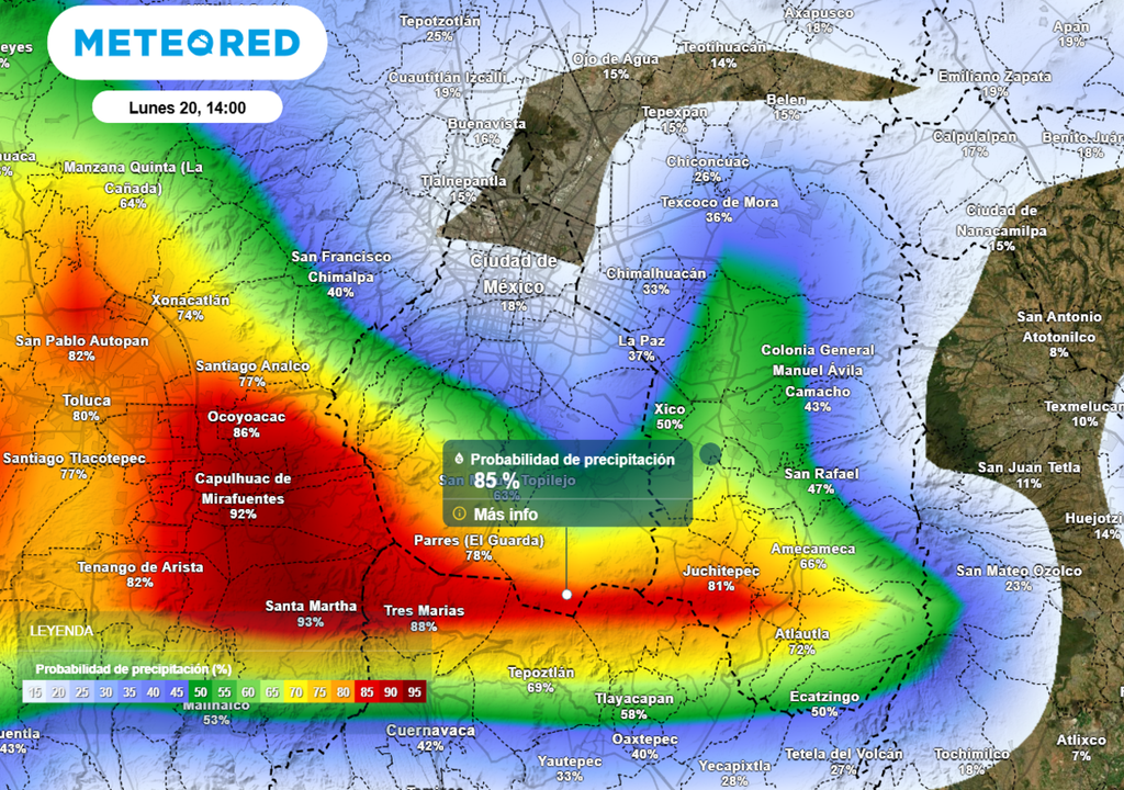 lluvia La mayor probabilidad de lluvia se concentrará en la zona montañosa del sur y poniente de la Ciudad de México, en el resto de la capital la posibilidad de lluvia será más dispersa