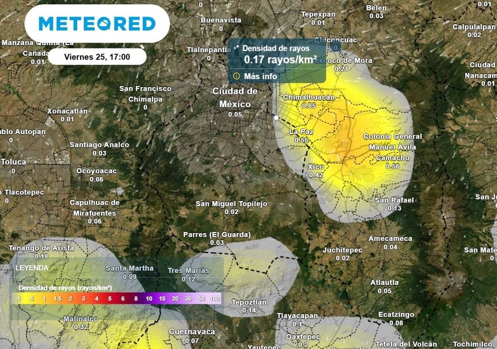 rayos Durante la semana habrá posibilidad de tormentas dispersas en el Valle de México. Recuerda buscar refugio dentro de casa si escuchas un trueno.