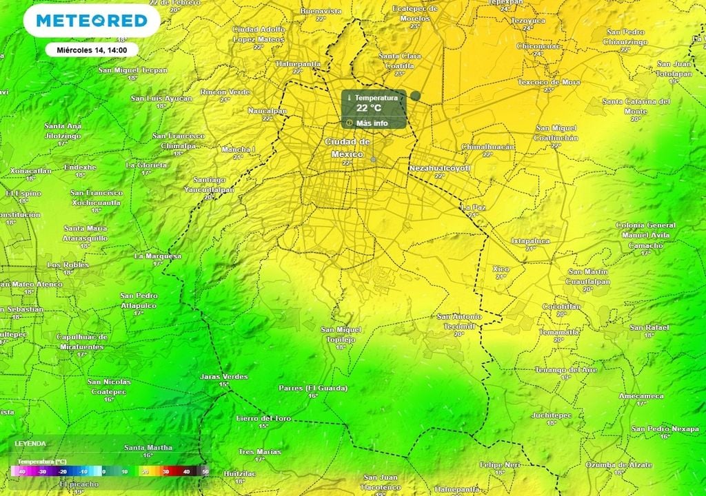 temperatura Este miércoles al mediodía habrá temperaturas alrededor de 22 °C en el centro de la ciudad, en la zona alta del sur y poniente será inferior a 19 °C.