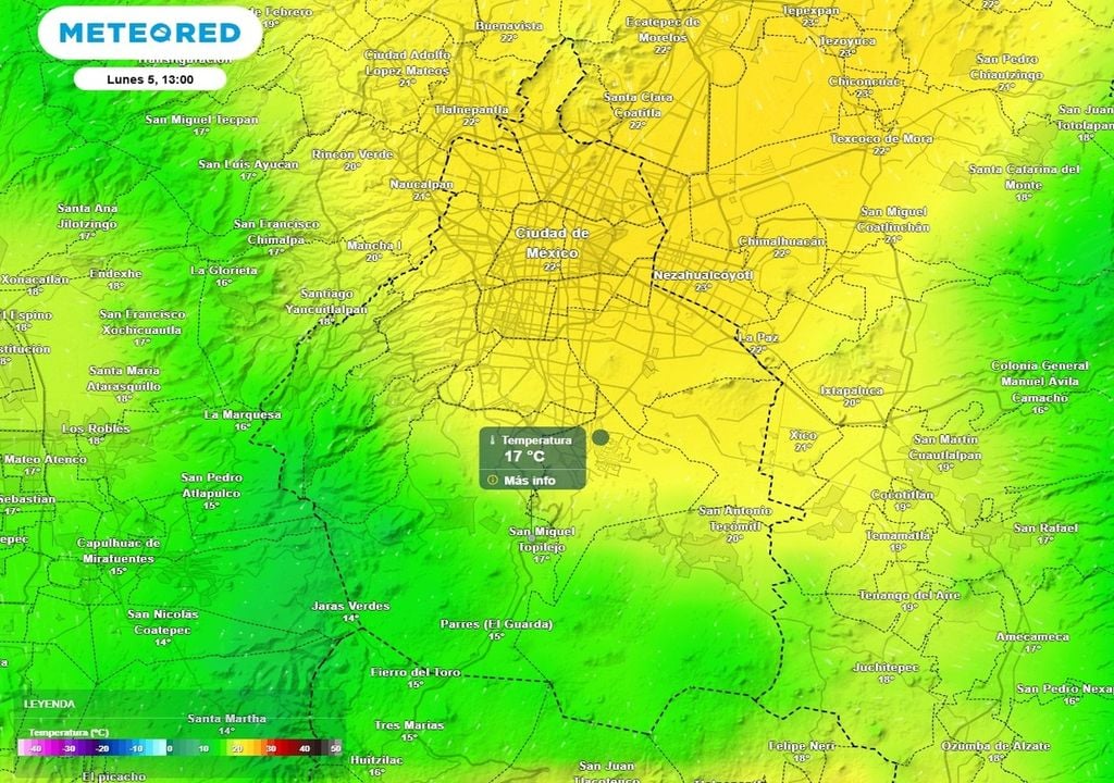Las tardes serán de templadas a frescas en el centro de la capital, se pronsotican valores de temperatura máxima entre 22 y 24 °C. En la zona de montaña dominará el ambiente frío.