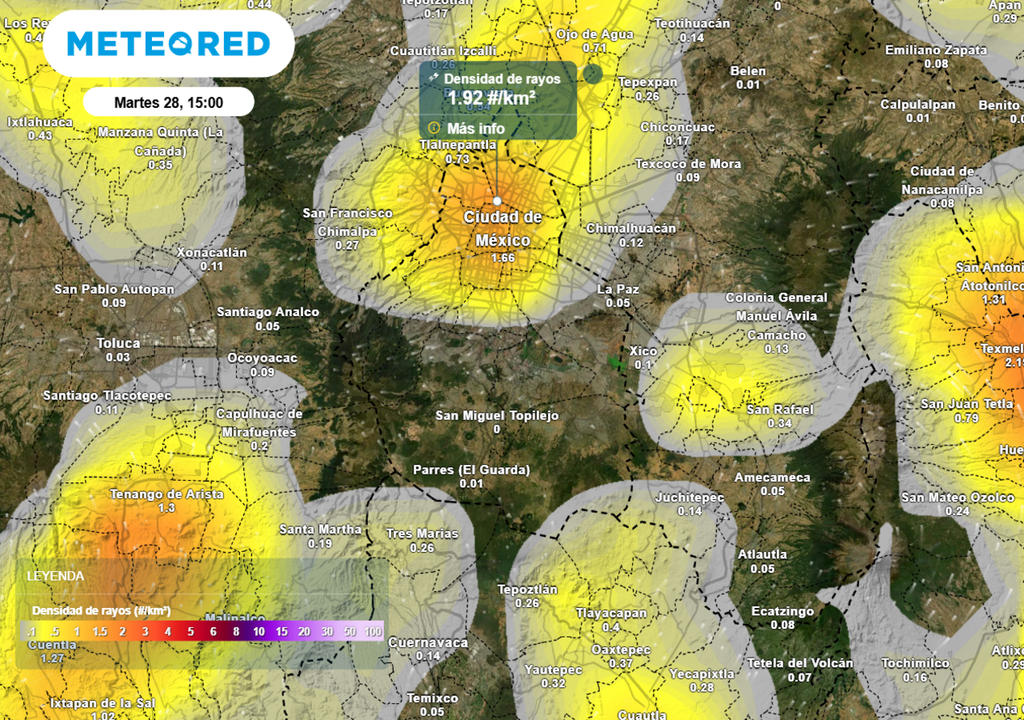 tormenta En áreas de tormentas habrá descargas eléctricas, fuertes vientos y posibilidad de caída de granizo.