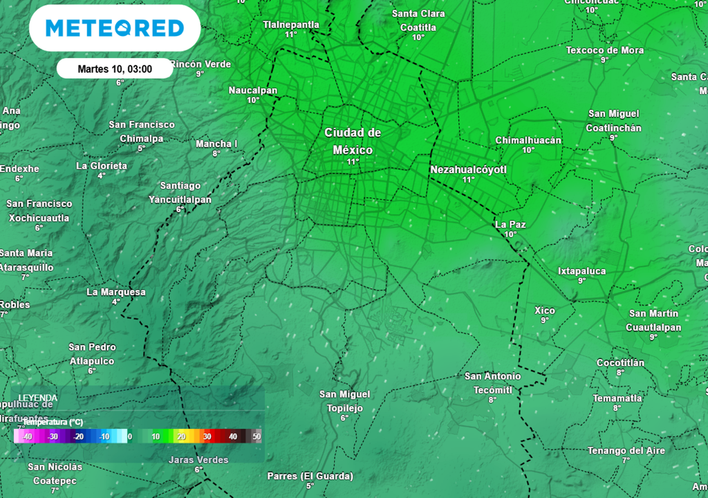 La temperatura mínima oscilará entre 6 y 8 °C en las alcaldías Cuajimalpa, Álvaro Obregón, La Magdalena Contreras, Tlalpan, Xochimilco, Tláhuac y Milpa Alta.