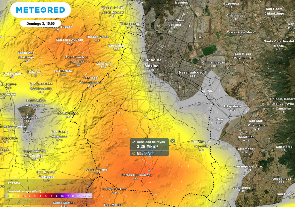 Mayor densidad de rayos indica zonas con tormentas más activas y potencialmente intensas.