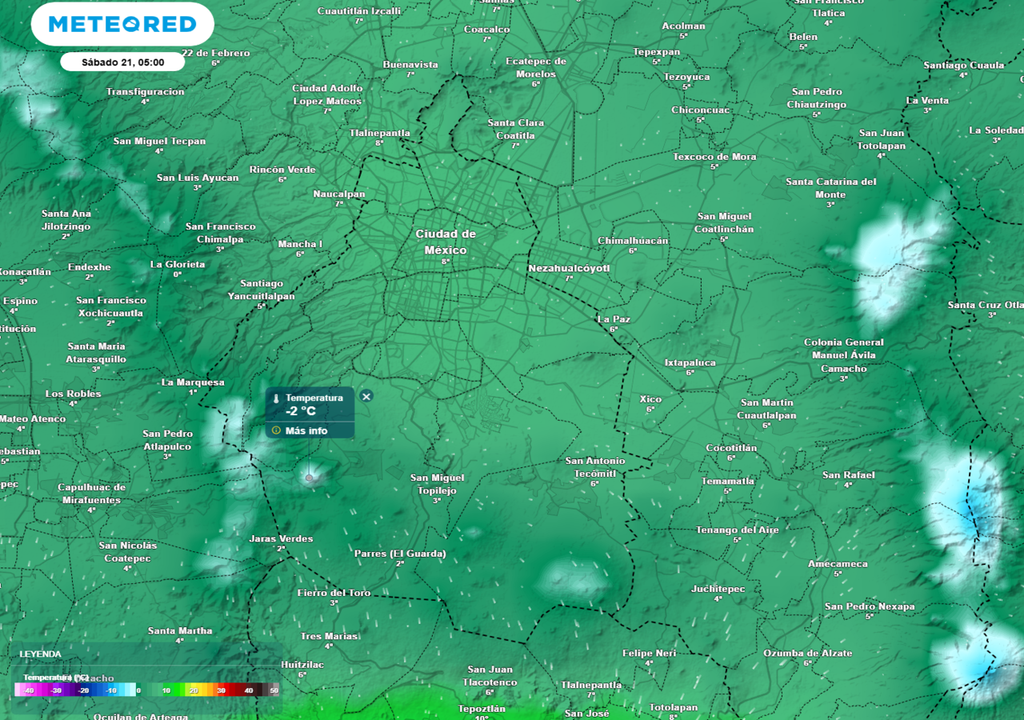 Temperaturas congelantes, inferiores a 0 °C, en las partes más elevadas del sur y poniente de la Ciudad de México.