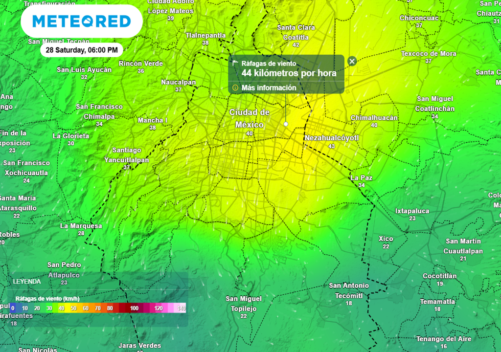 Las rachas de viento se mantendrán entre 35 y 45 kilómetros por hora, mientras que entre la noche y la madrugada habrá calma o viento débil.