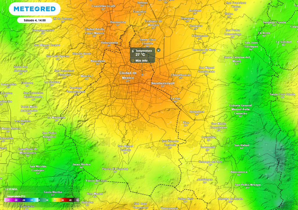 La temperatura máxima oscilará entre 25 y 27 °C en gran parte de la ciudad, excepto en alcaldías como Cuajimalpa y Álvaro Obregón.