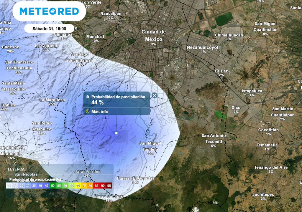 lluvia El sábado habrá posibilidad de lluvia. La mayor probabilidad se concentrará en las partes altas de las alcaldías del sur y poniente.