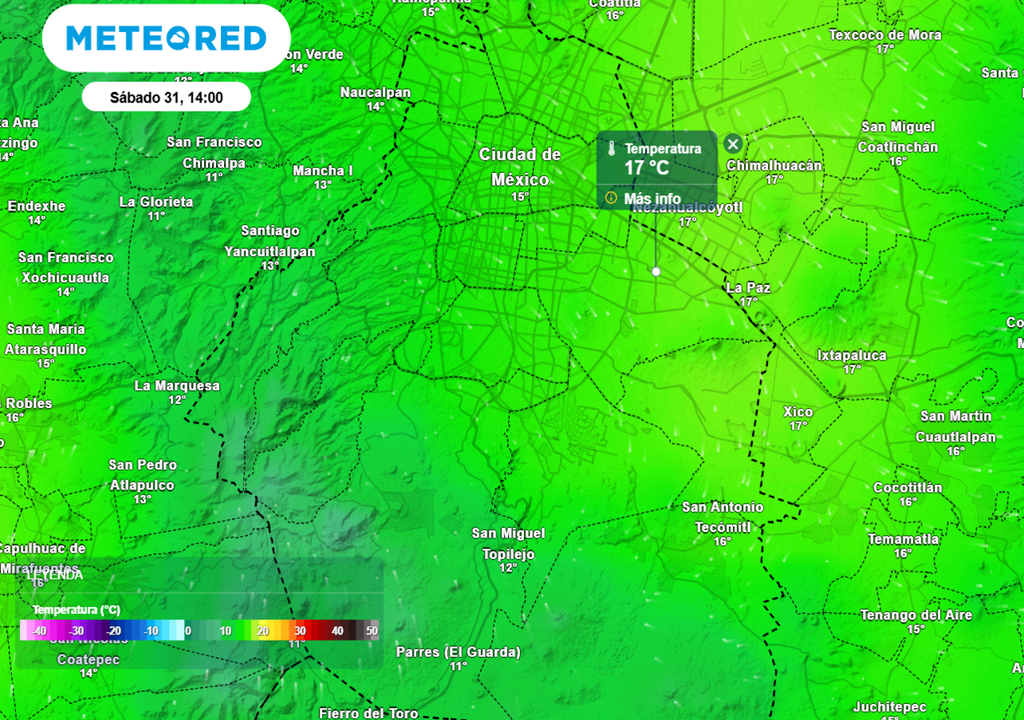 sábado La temperatura más alta durante del sábado oscilará entre 17 y 19 °C en las alcaldías del centro, norte y oriente
