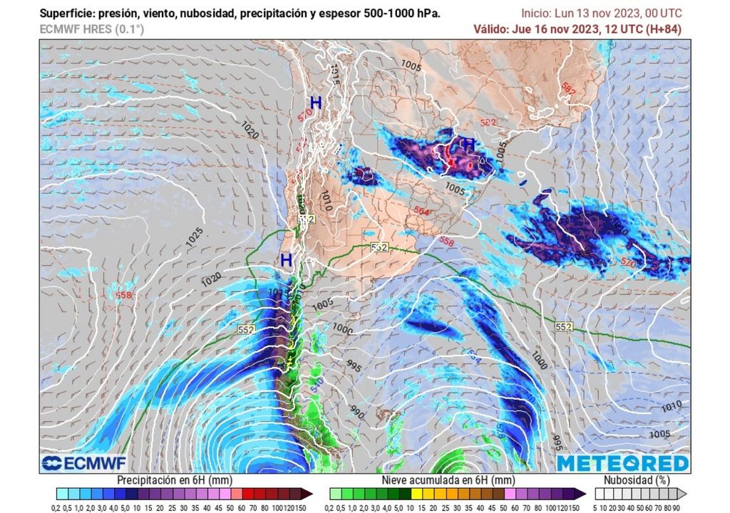 Ubicación de las precipitaciones previstas por el modelo ECMWF del sistema frontal que llegará esta semana a Chile