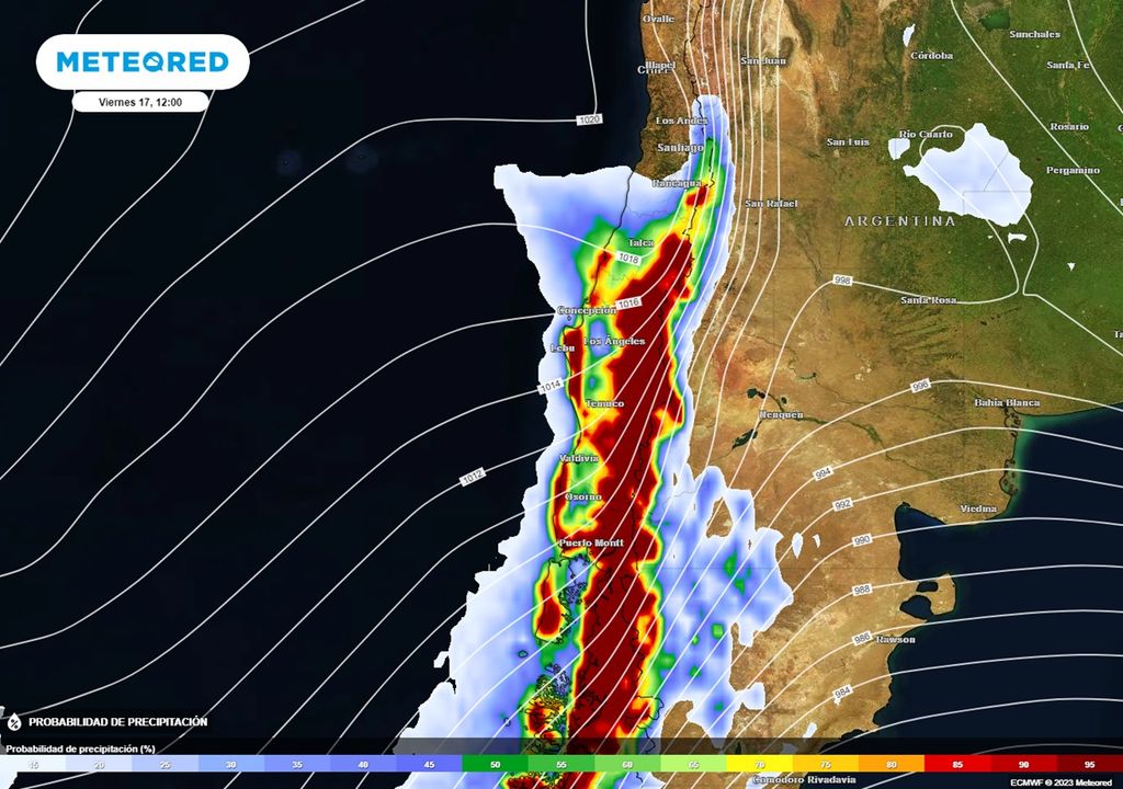 Probabilidad de lluvias previstas para el centro sur de Chile