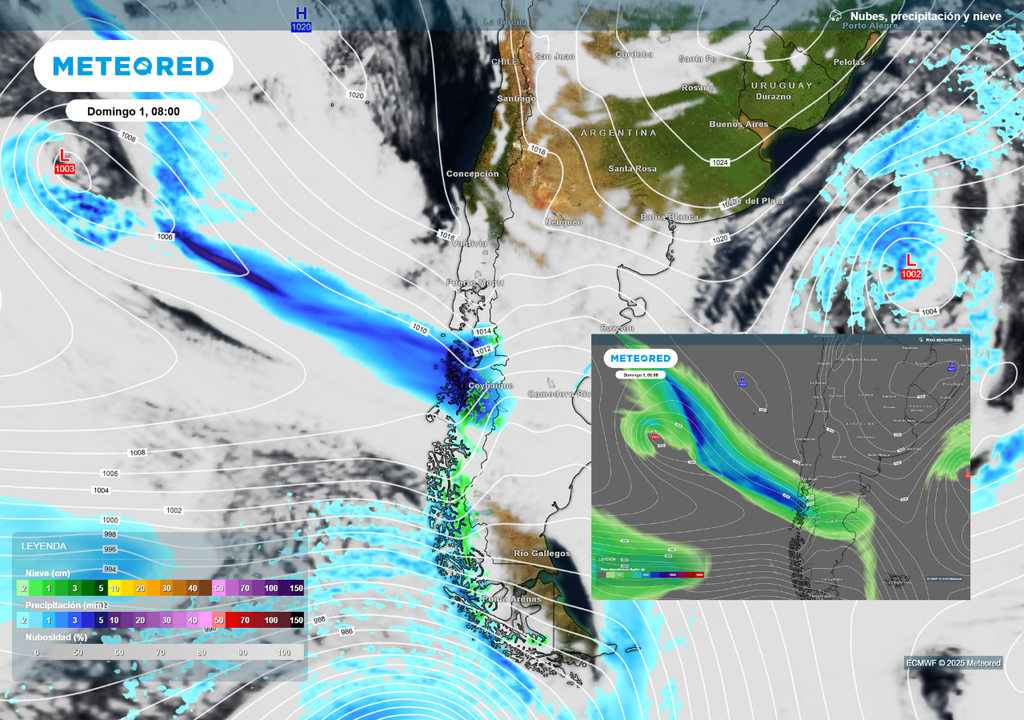 mapas de lluvia y nieve y río atmosférico.