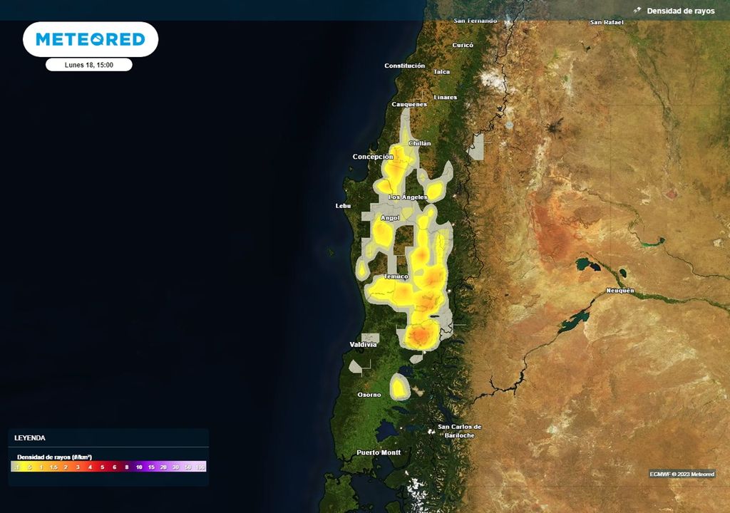 Mapa de densidad de rayos, previstos por el modelo del ECMWF