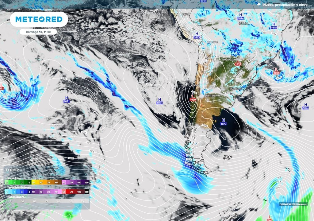 precipitaciones, nubosidad y presión previstas por el modelo del ECMWF