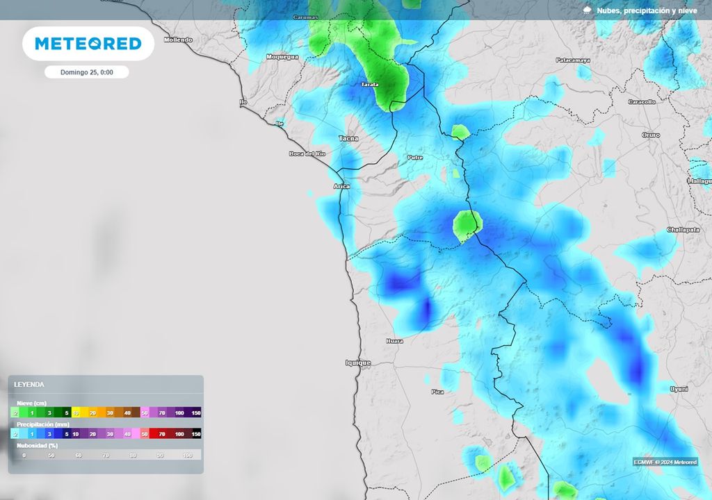 nubes y precipitaciones previstas por el modelo del ECMWF