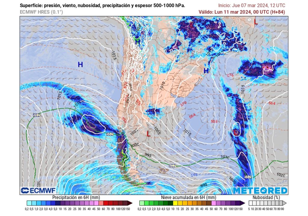 presión y precipitaciones previstas por el modelo del EMCWF