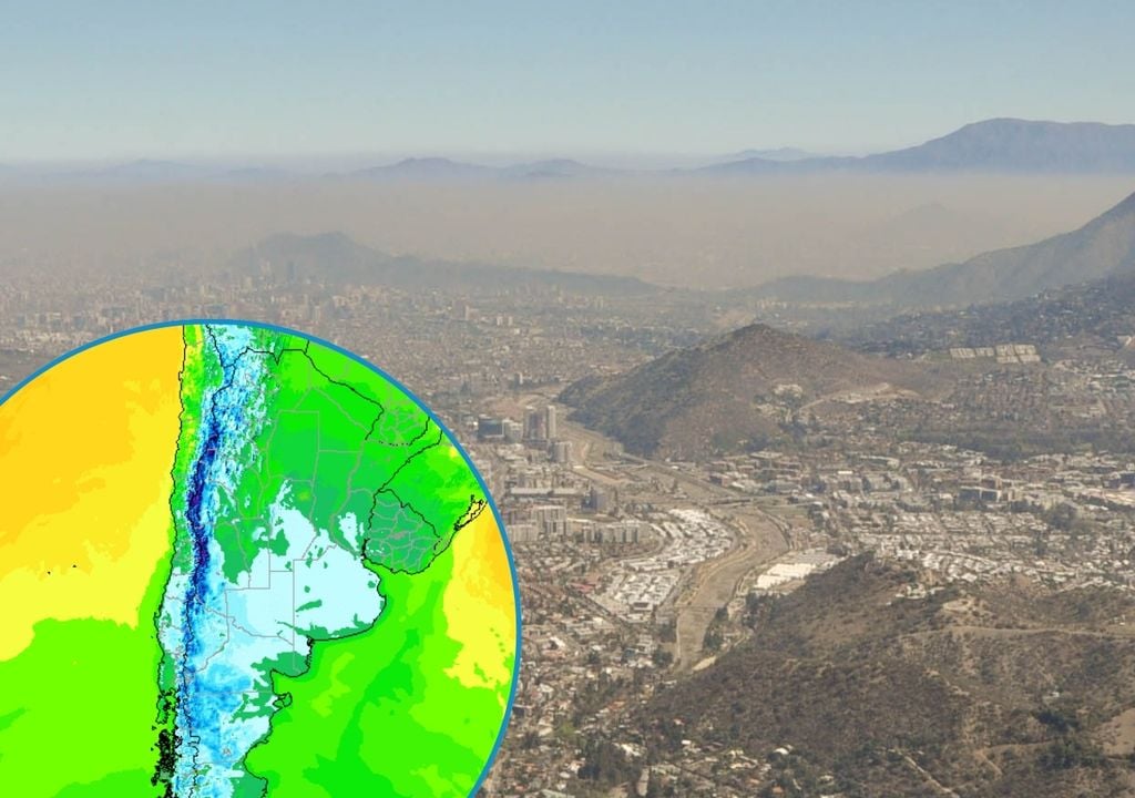 ciudad contaminada con una gran capa de smog sobre ella y un mapa de frío intenso sobre Chile