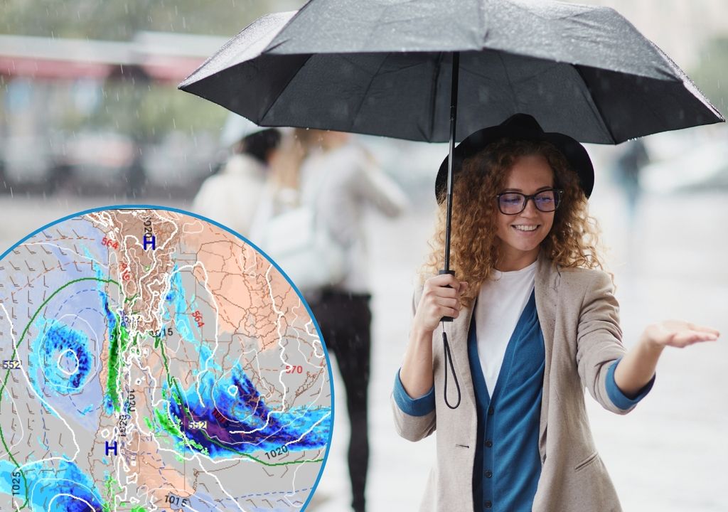 persona con la mano estirada y con un paraguas abierto en la otra, en un día lluvioso. Un mapa de precipitaciones previstas para Chile en un círculo, a la izquierda