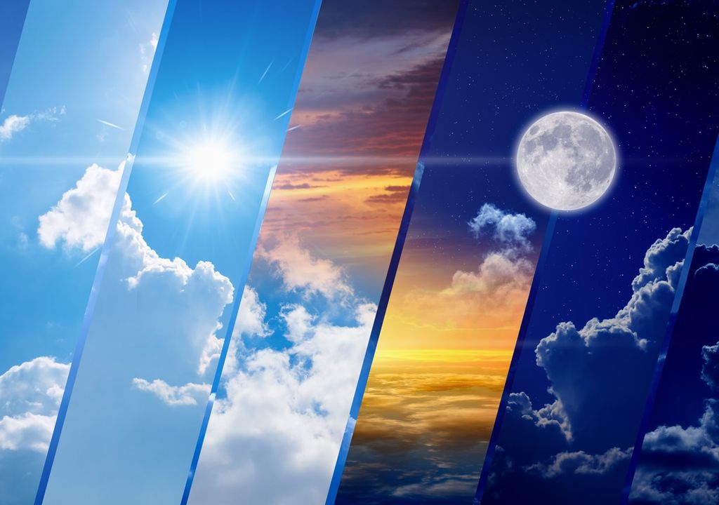 collage con diversas imágenes que denotan tiempo atmosférico: nubes, sol, luna, cielo