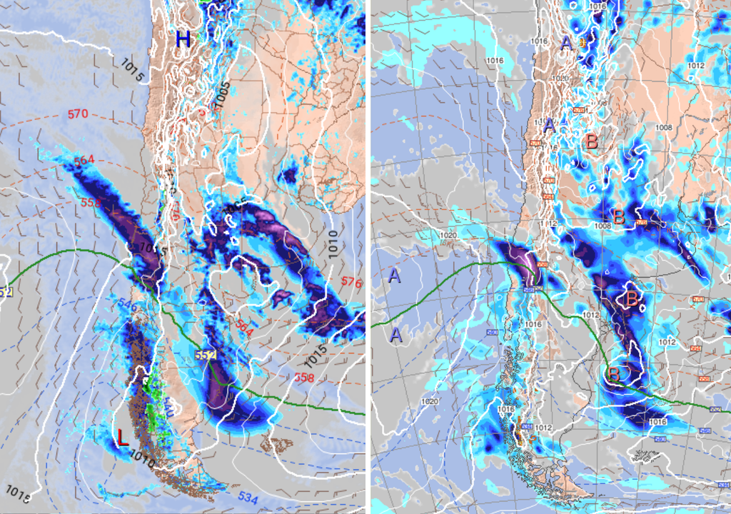 mapas de superficie y espesor ECMWF y GFS.