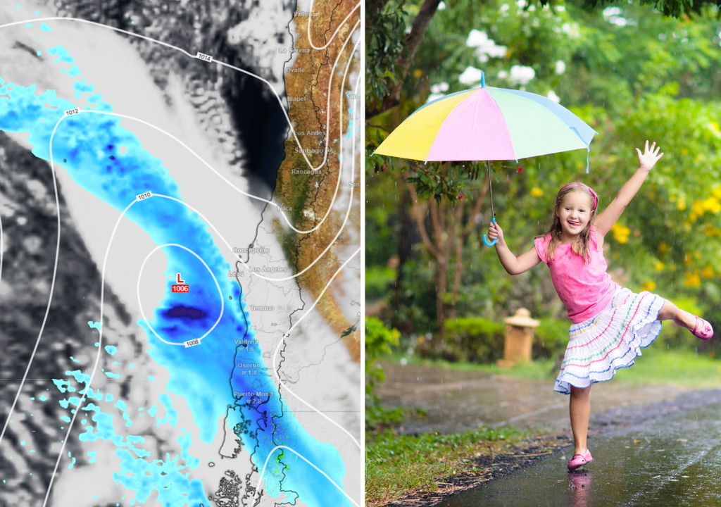 mapa de lluvia y niña en verano con paraguas-