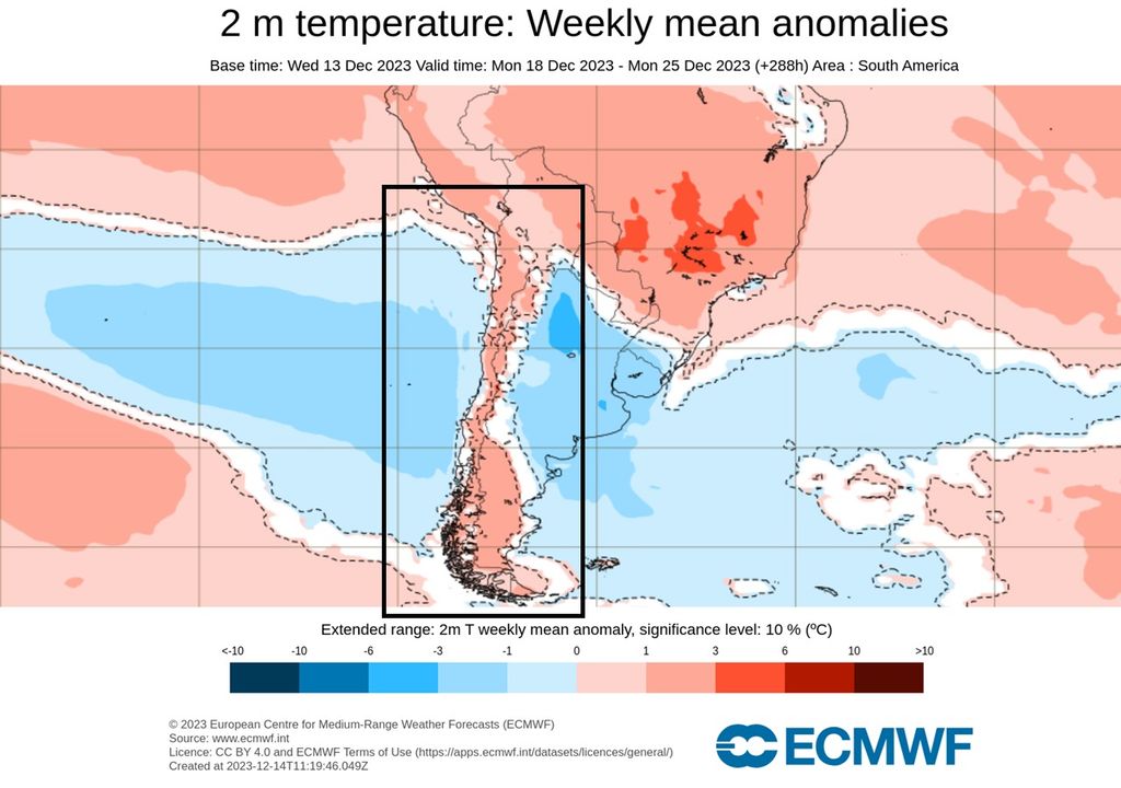 anomalía temperatura ECMWF Chile anomalía temperatura ECMWF Chile