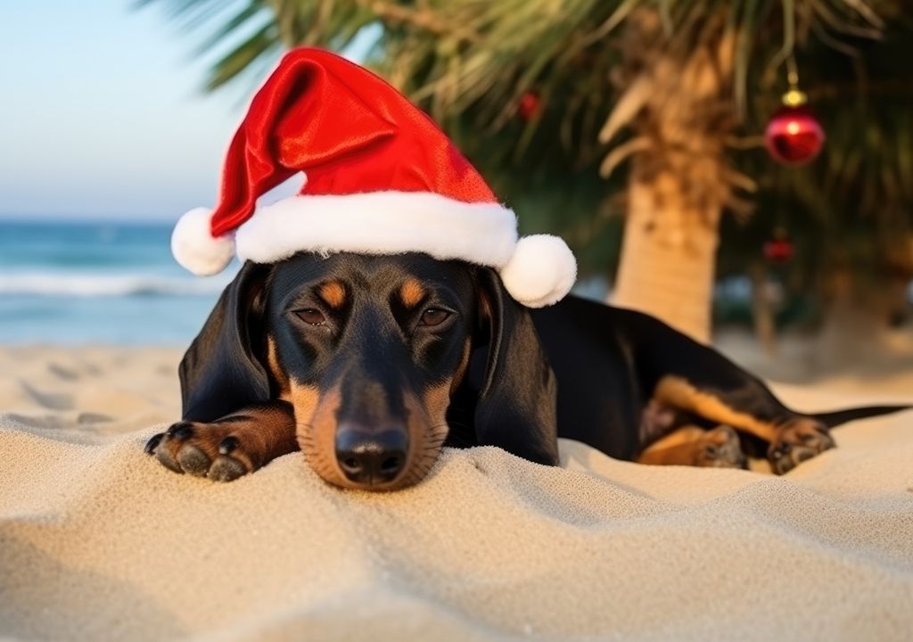 Perro con gorro de viejito pascuero sobre la arena fondo de playa