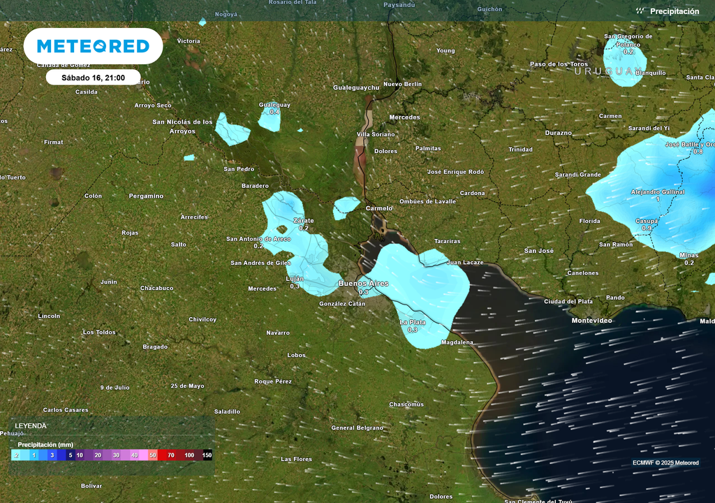 Precipitación en milímetros según el modelo ECMWF el sábado 16 de Agosto a las 21 h en Buenos Aires Precipitación en milímetros según el modelo ECMWF el sábado 16 de Agosto a las 21 h en Buenos Aires