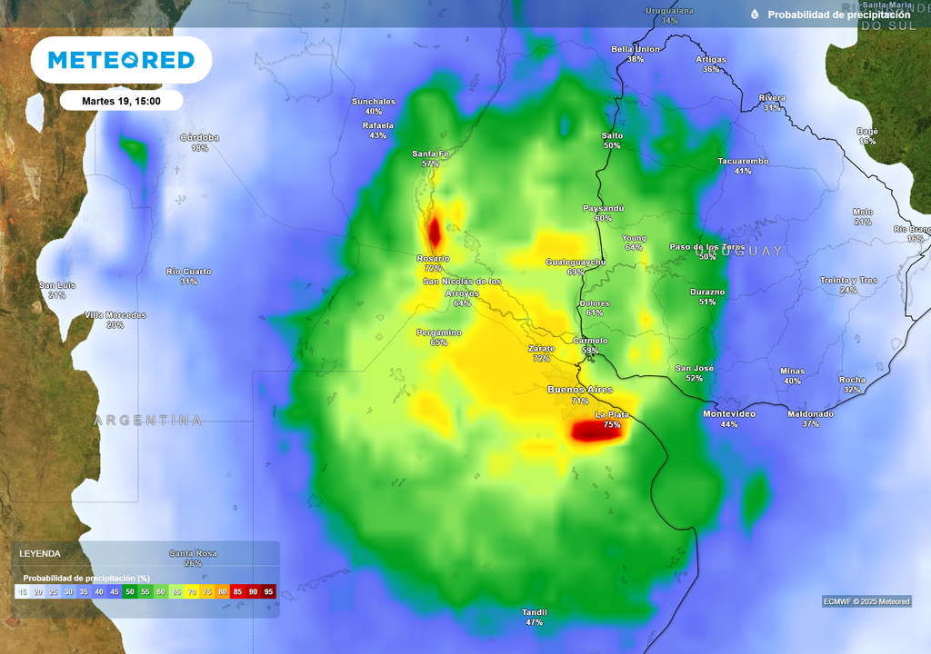 Alta probabilidad de lluvias y tormentas intensas en el noreste de la provincia de Buenos Aires y AMBA para el martes 19/8/2025