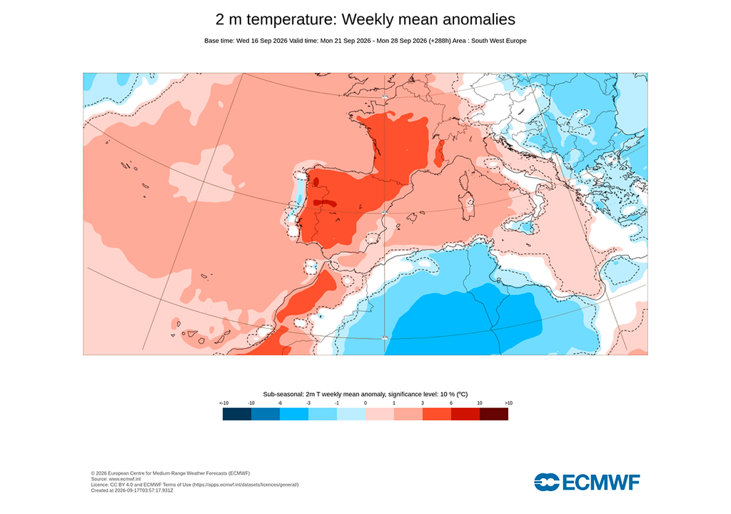 Anomalías de temperatura previstas para la semana que viene por el modelo europeo.