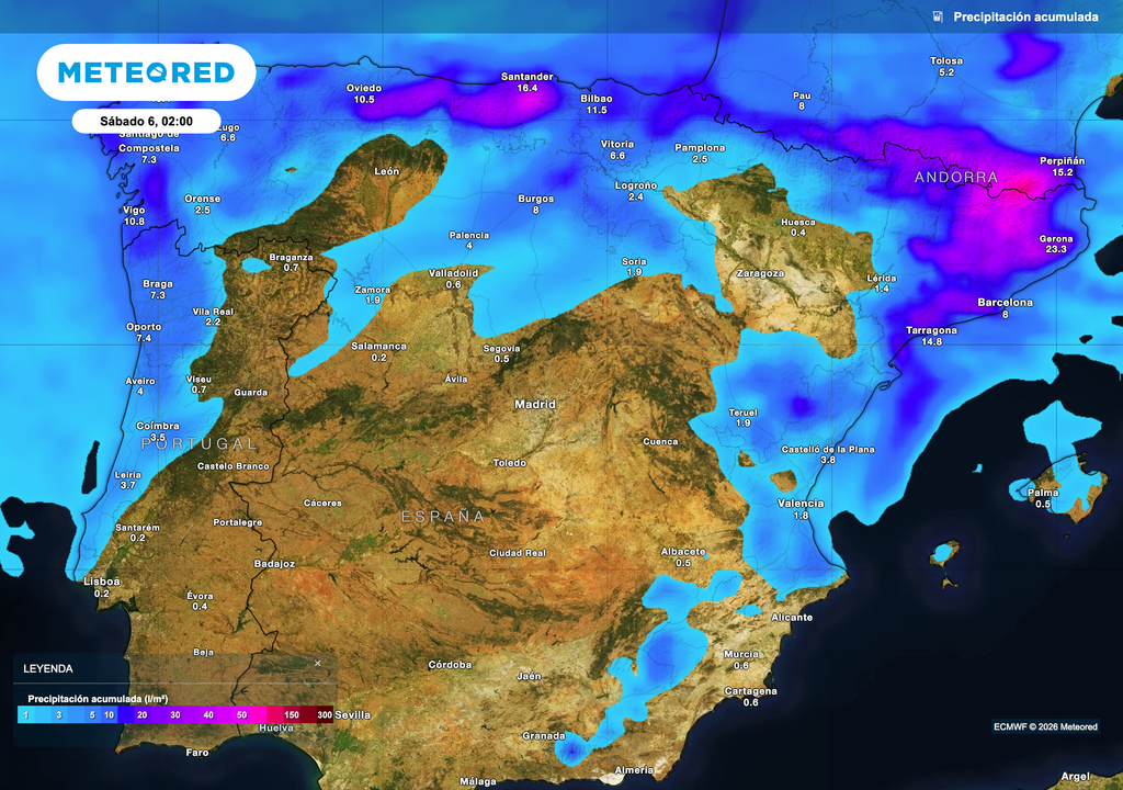 El grueso semanal de precipitaciones estará repartido entre Galicia, la vertiente cantábrica y Cataluña.