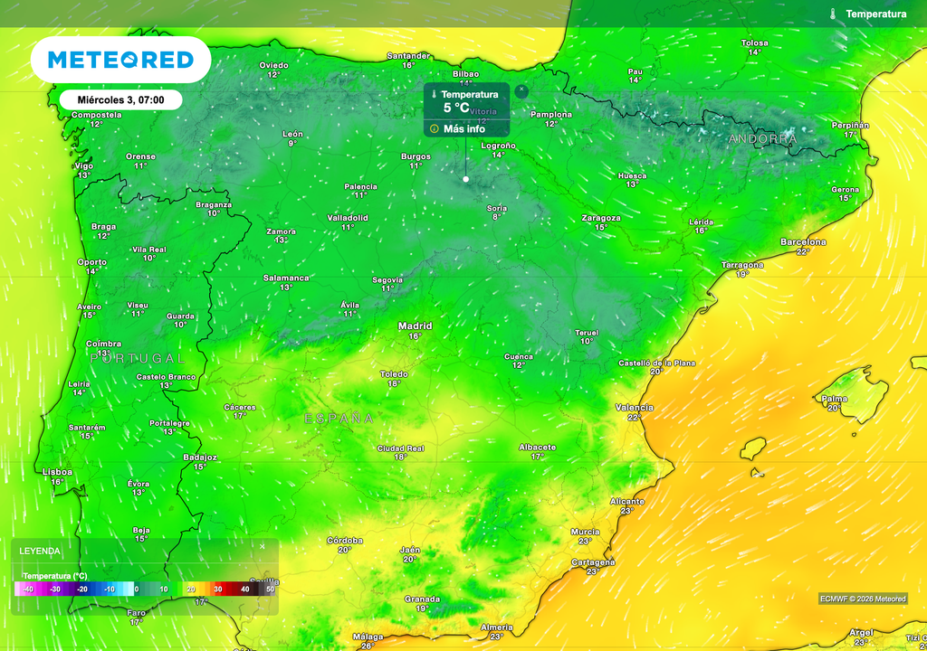 Las temperaturas mínimas del miércoles serán bajas en el tercio norte peninsular, algunas zonas de la meseta norte podrían bajar de los 10 ºC.