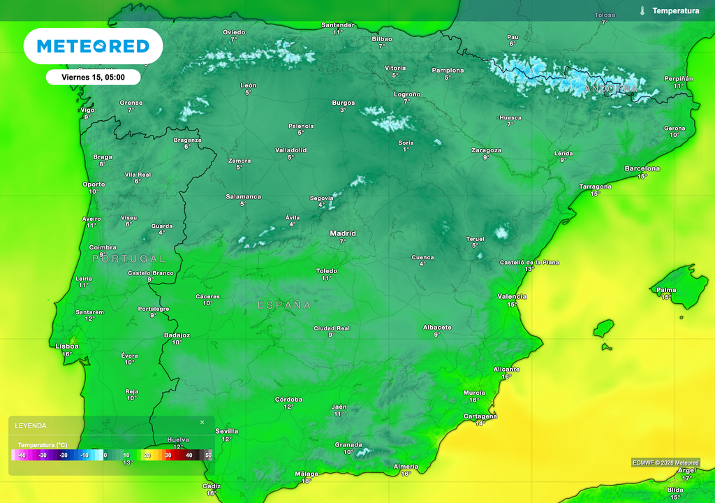 Temperaturas mínimas muy frías el viernes, tratándose de un mes de mayo. Fuente: modelo europeo.