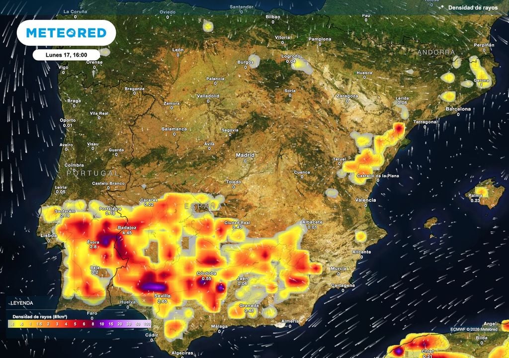 Densidad de rayos prevista por el modelo europeo para mañana por la tarde.