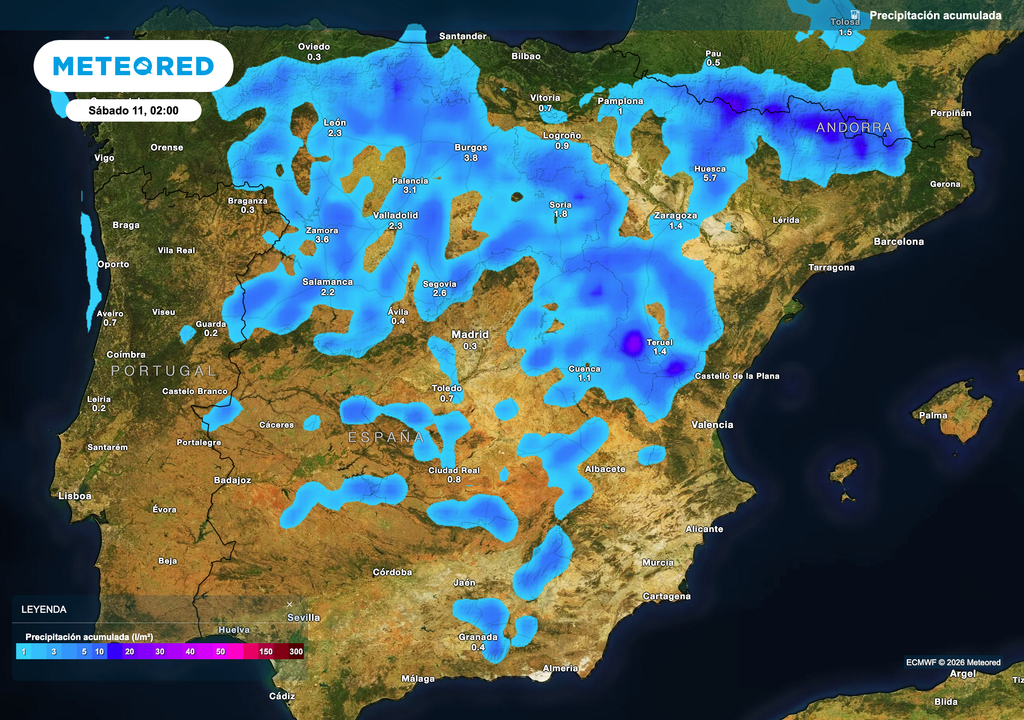 Precipitación acumulada prevista por el modelo europeo para los próximos días. Los mayores acumulados se darán en zonas de montaña, debido a la actividad tormentosa vespertina.