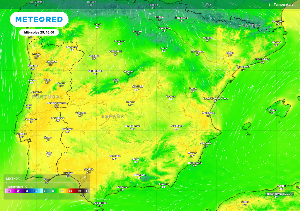 El miércoles será probablemente el día más cálido de la semana, con máximas de 20 a 23 ºC en amplias zonas. Fuente: modelo europeo.