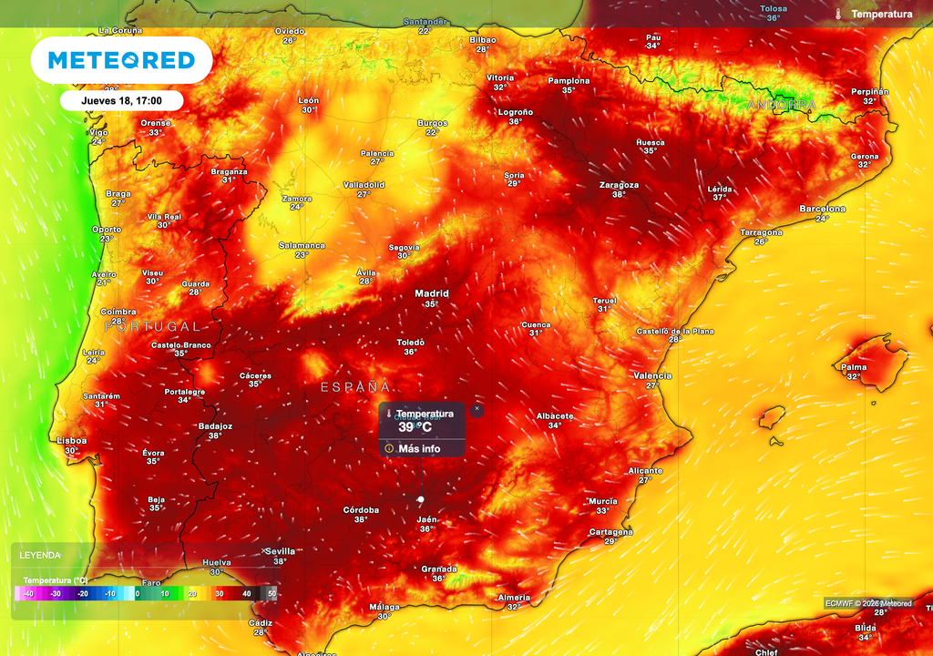 Les températures maximales pourraient approcher les 40 °C en milieu de semaine. Source : modèle européen. Les températures maximales pourraient approcher les 40 °C en milieu de semaine. Source : modèle européen.