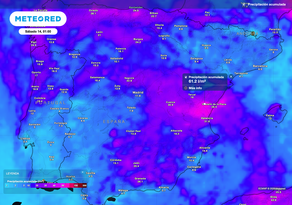 Precipitación acumulada prevista por el modelo europeo hasta el sábado. El levante peninsular volverá a tener los máximos pluviométricos de la semana.