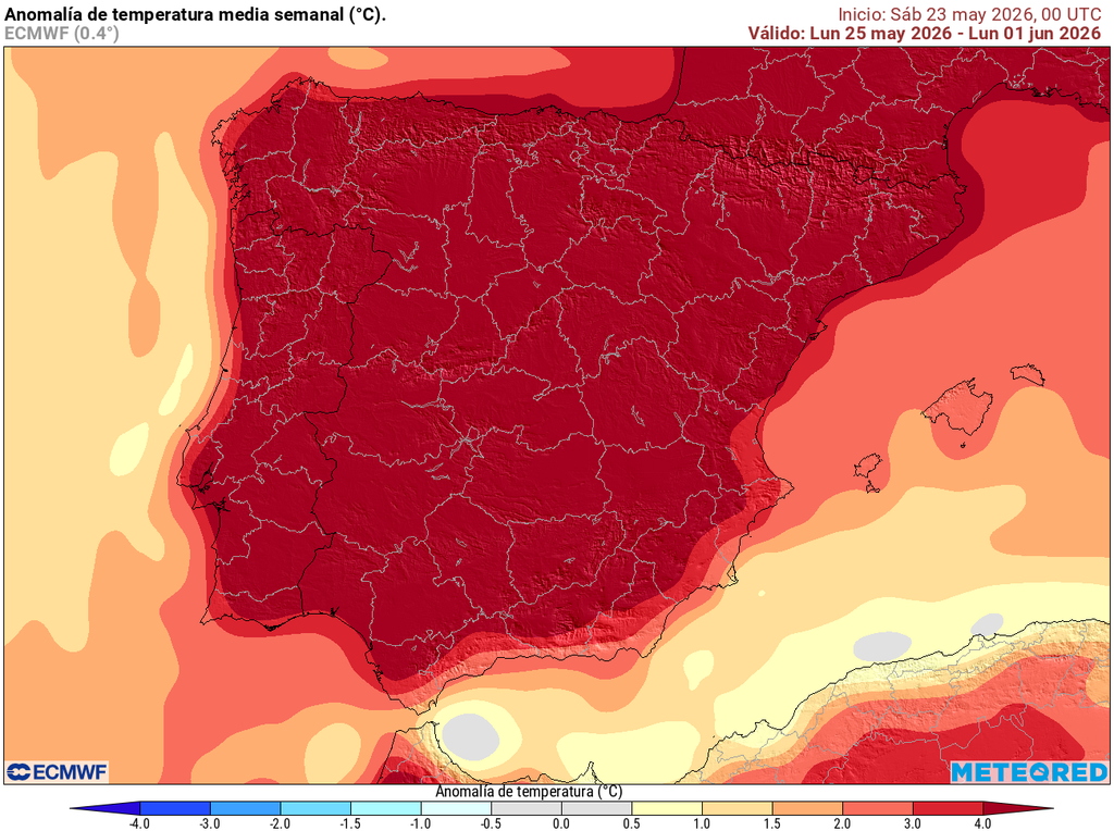 El mapa de anomalías térmicas para la próxima semana es muy contundente: en casi todo el interior las temperaturas se situarán más de 4 ºC por encima de la media de finales de mayo.
