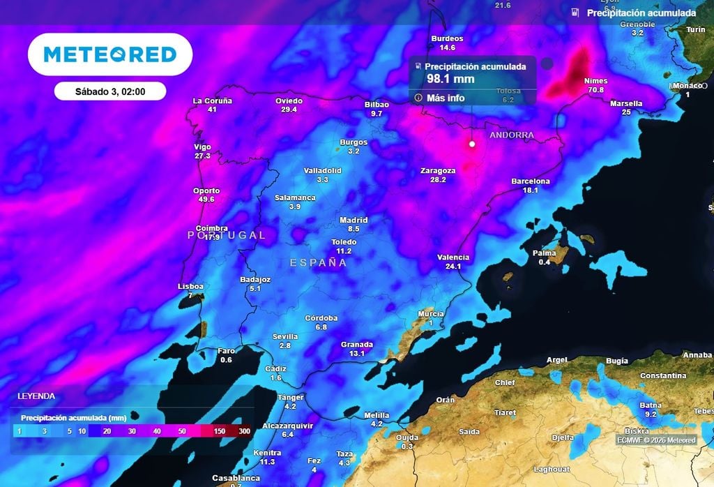 Le precipitazioni si estenderanno su buona parte della Spagna nella prossima settimana, con i quantitativi più elevati nella Galizia occidentale, nell'area dei Pirenei e nel nord-est.