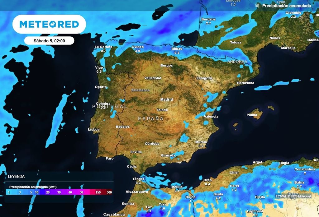 Precipitación acumulada prevista por el modelo europeo hasta las primeras horas del sábado.