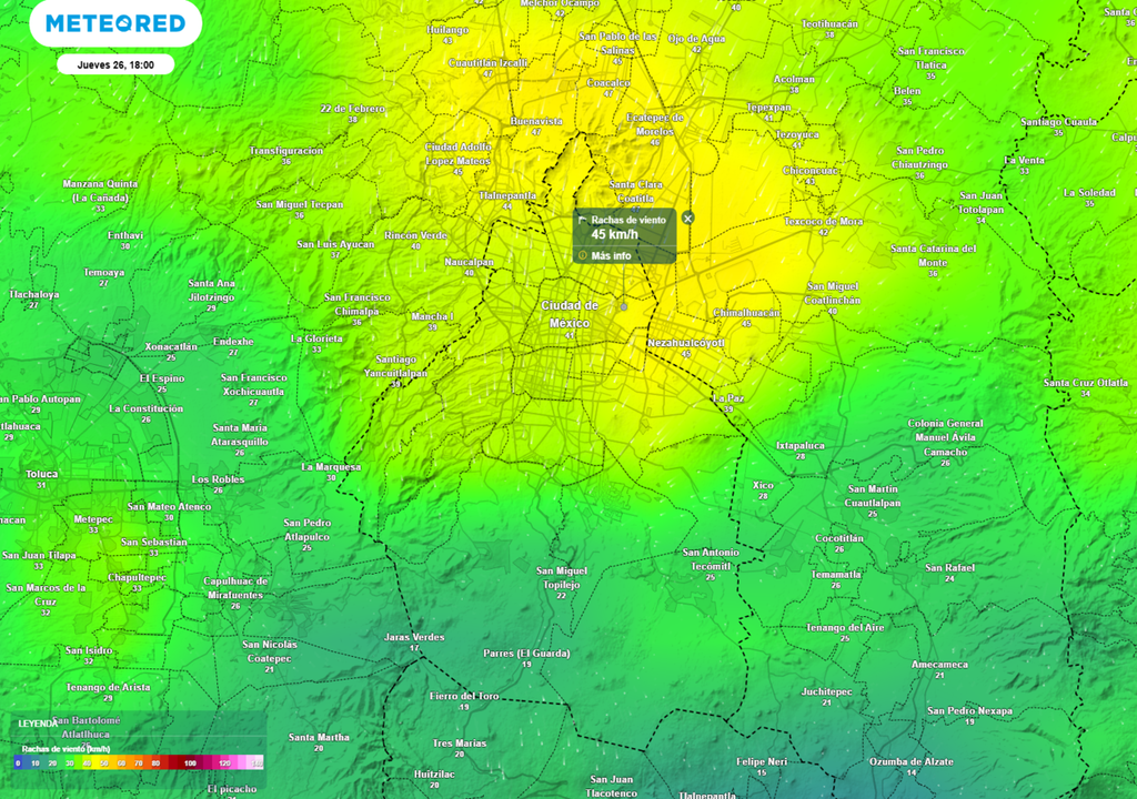 viento En la tarde del jueves 26 de marzo las rachas de viento se mantendrán entre 35 y 45 kilómetros por hora.