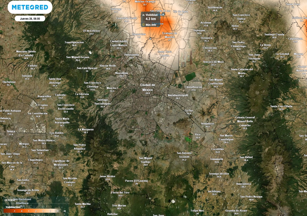 niebla Habrá buena visibilidad en gran parte de la Ciudad de México, será mayor a 40 kilómetros, excepto en el norte de la ciudad donde habrá neblina.