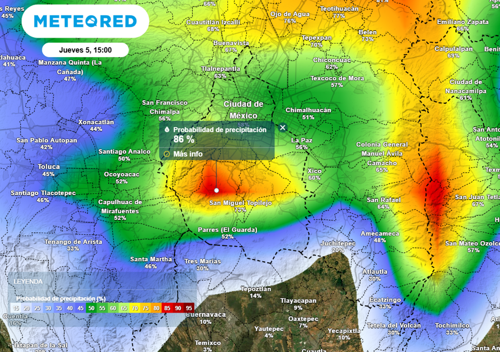La mayor probabilidad de lluvia será en las zonas más elevadas de Cuajimalpa, Álvaro Obregón, La Magdalena Contreras, Tlalpan y Milpa Alta.